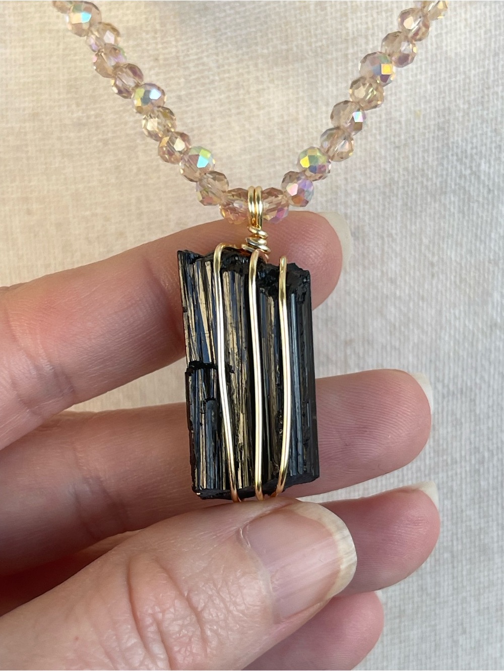 Black Tourmaline Pendant Necklace with Gold Wire Wrap and Glass Beaded Chain